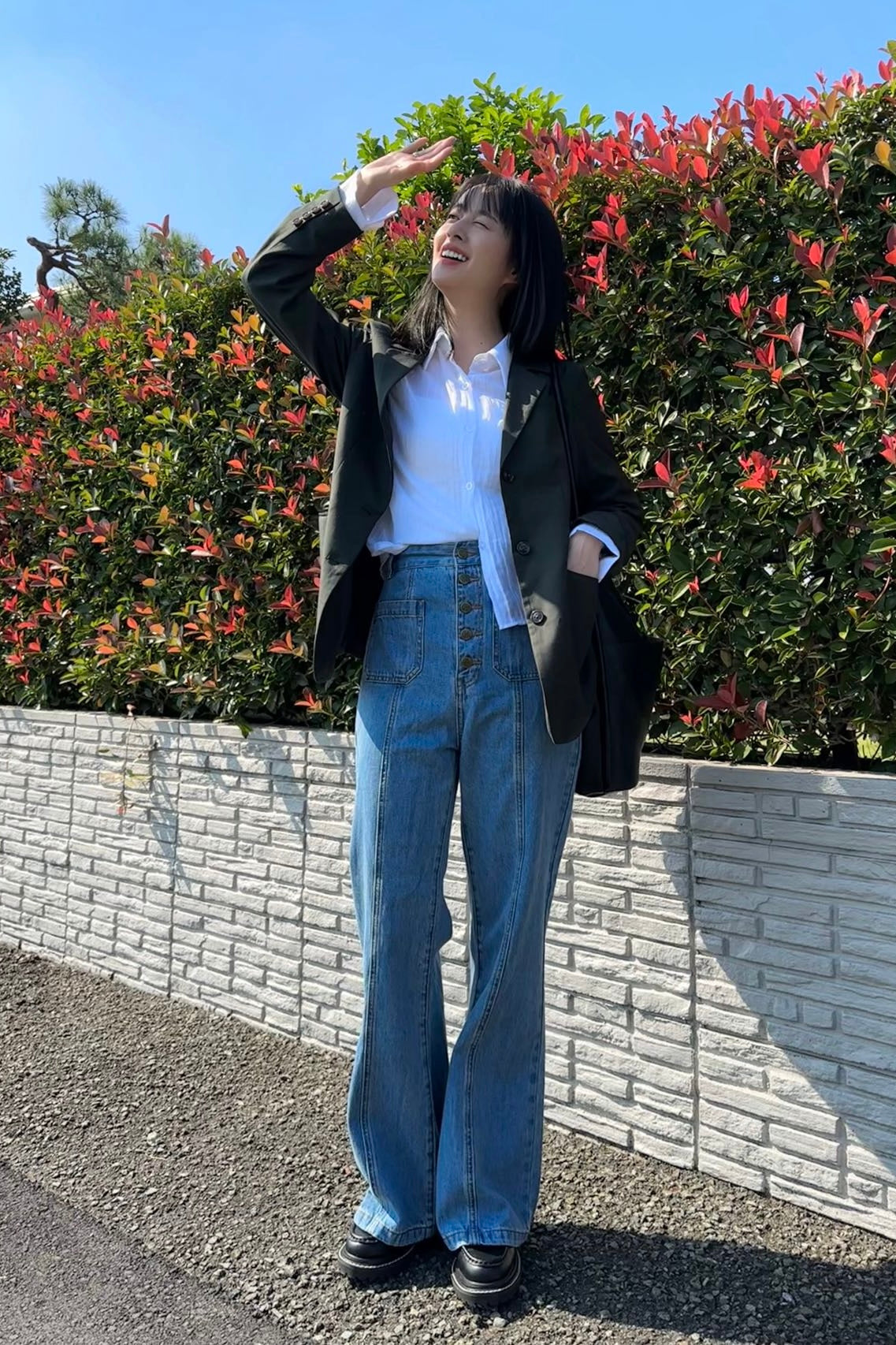 《Annie singing while taking a bath》 High waist front button denim pants-Blue