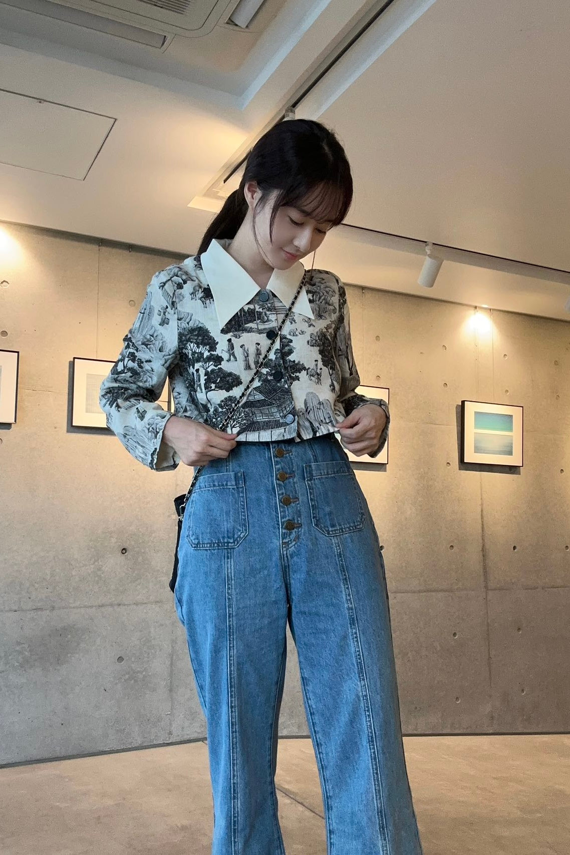 《Annie singing while taking a bath》 High waist front button denim pants-Blue
