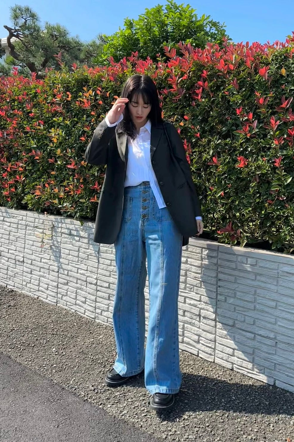 《Annie singing while taking a bath》 High waist front button denim pants-Blue