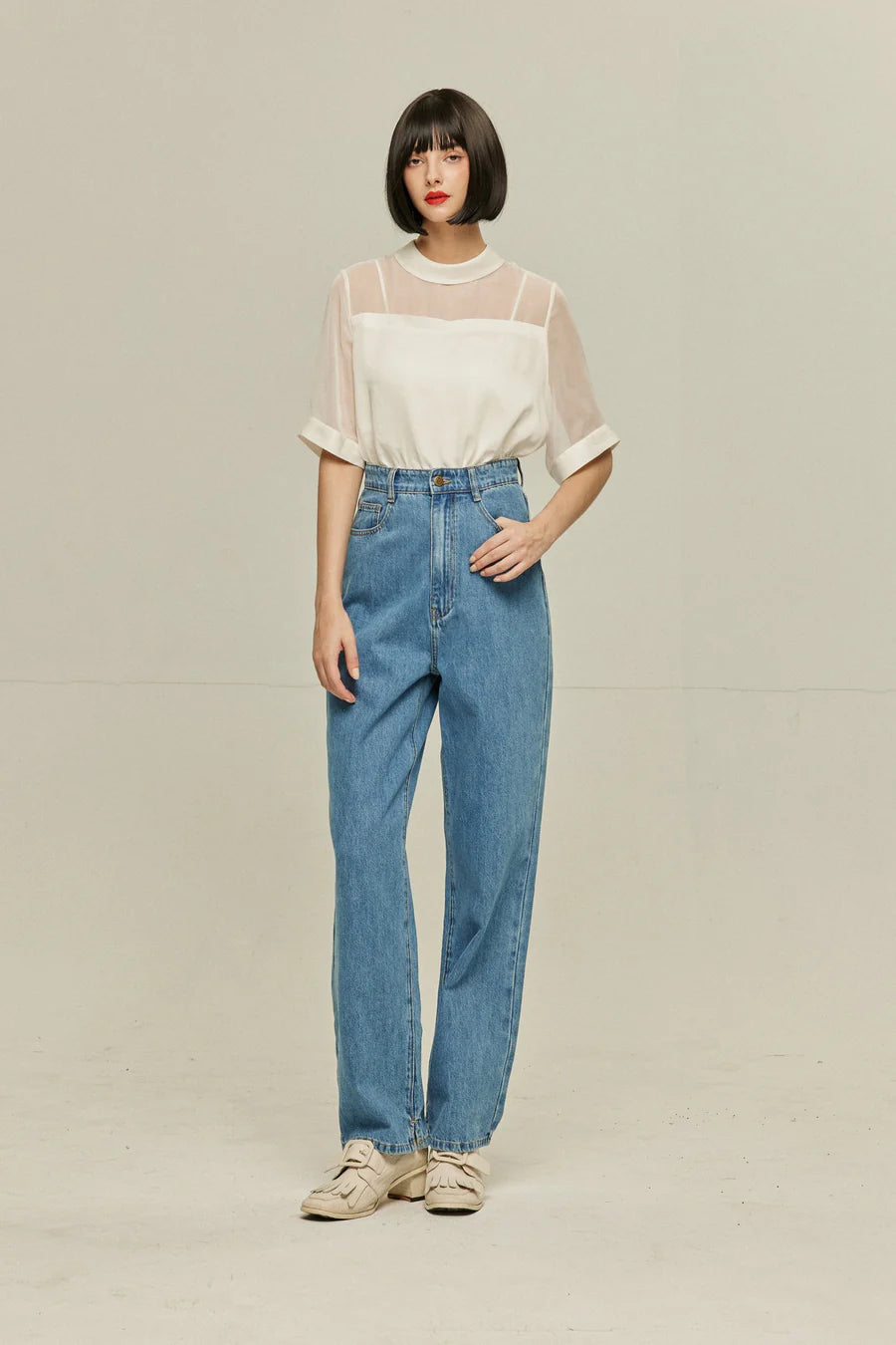 《Facial pack with cucumbers》High waisted flare pants