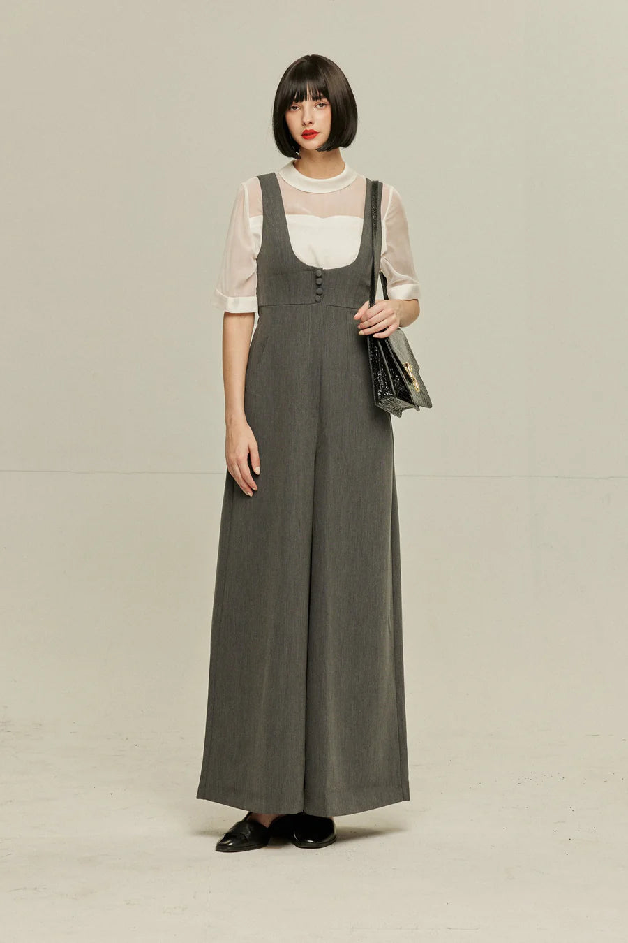 《Lucky Charm Hidden Under the Pillow》 High Waist Design Back Cross Overalls-Gray