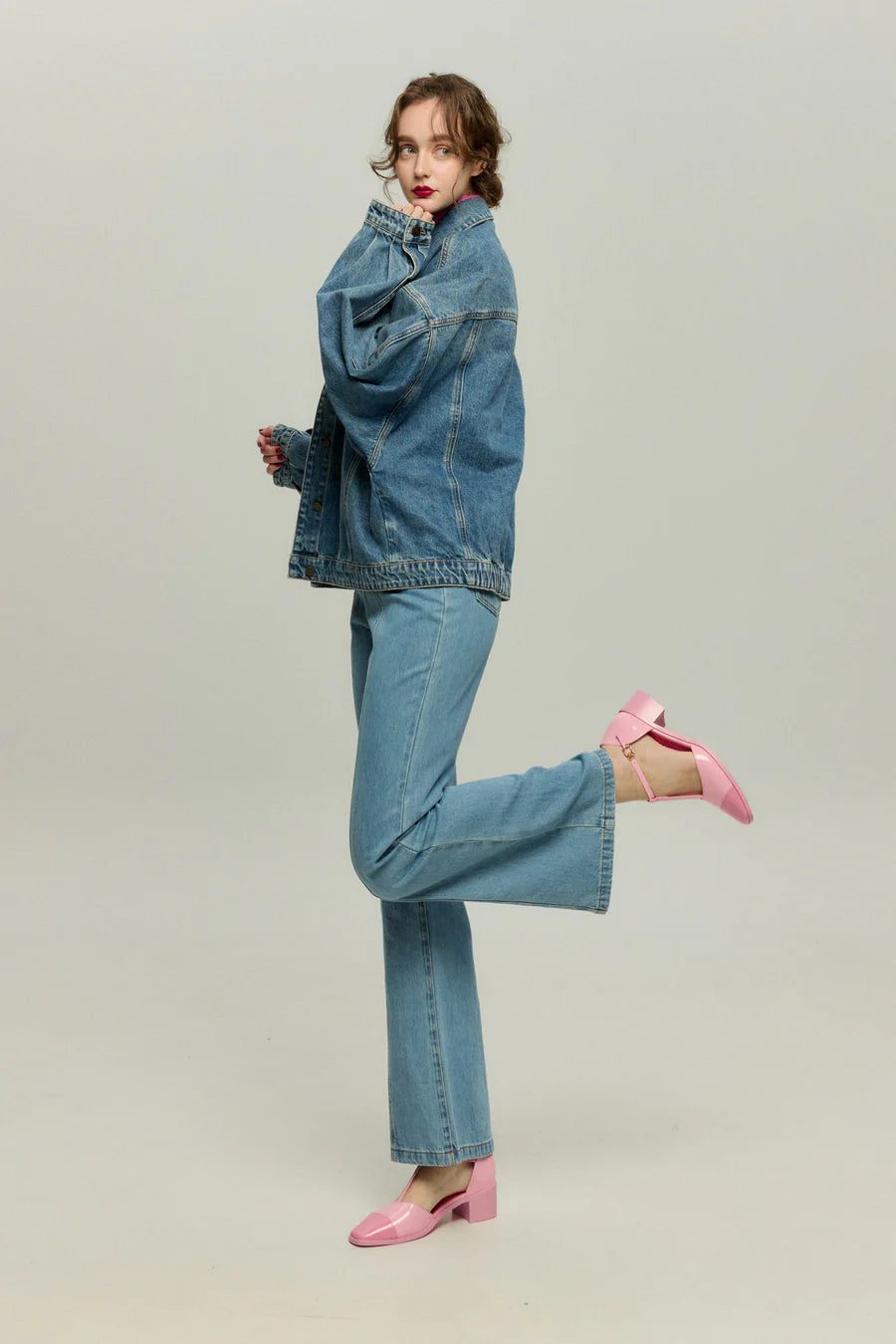《Annie singing while taking a bath》 High waist front button denim pants-Blue