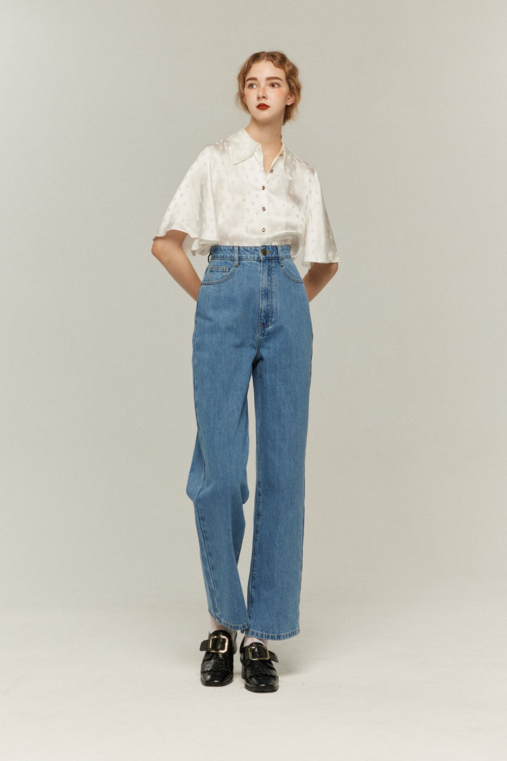 《隕石が落ちてくる》ハイウエストストレートデニムパンツ-Blue