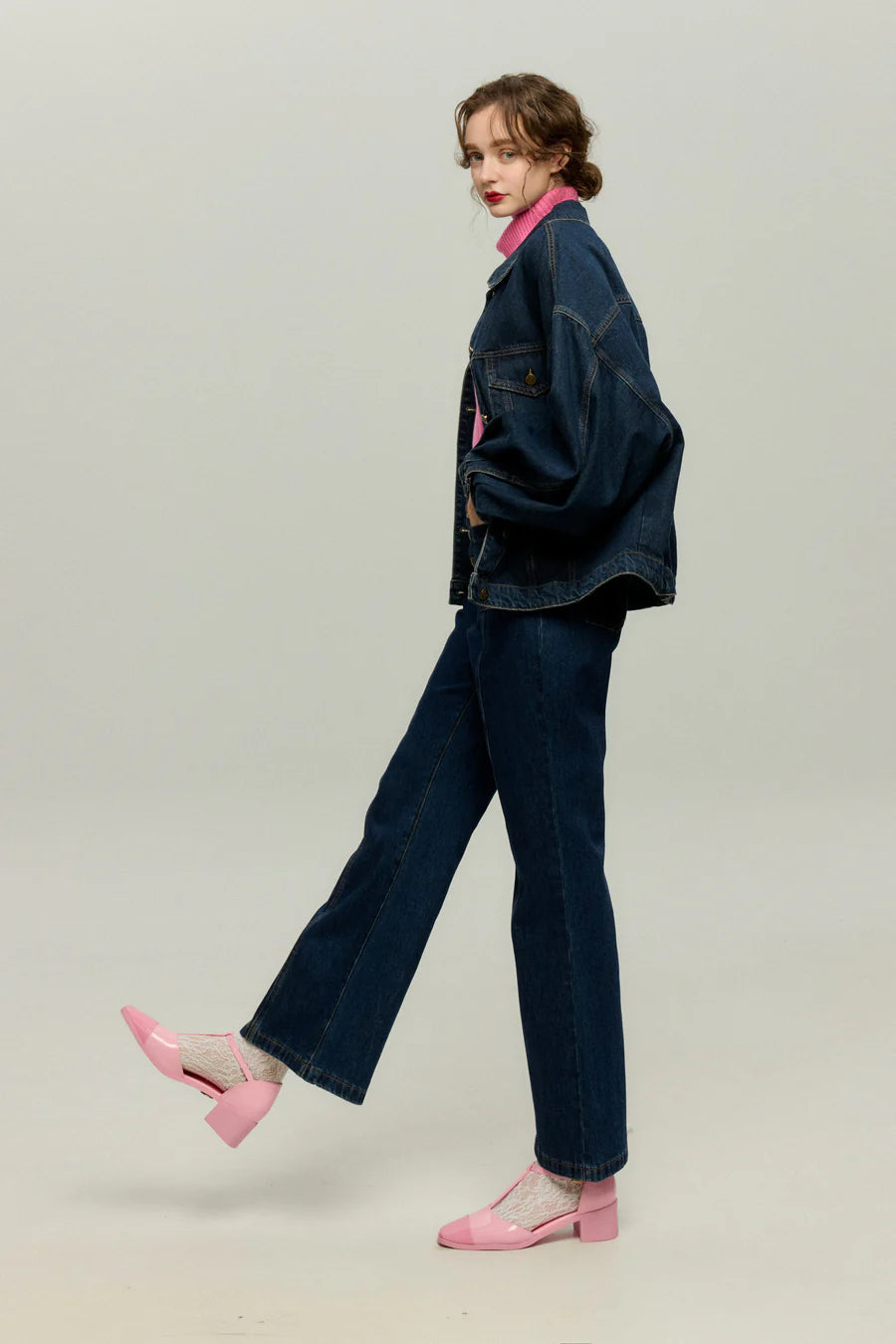 《Annie singing while taking a bath》 Front button high waist denim pants - Navy