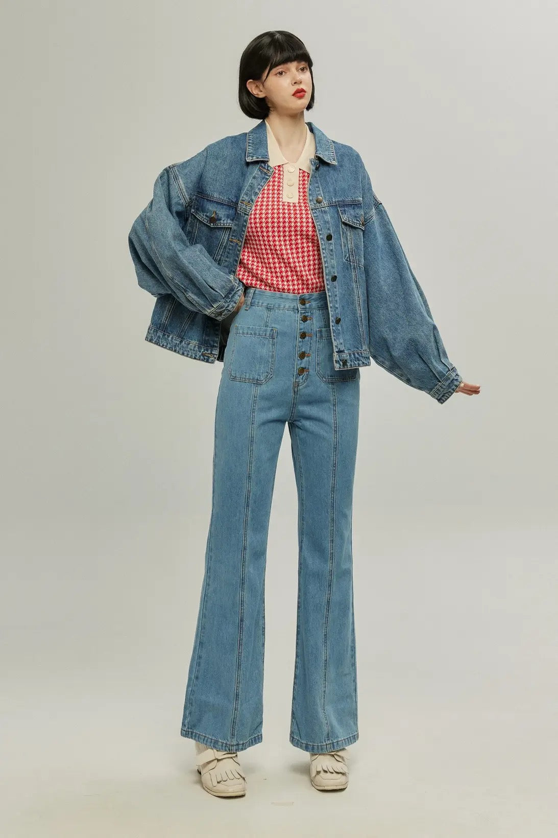《Annie singing while taking a bath》 High waist front button denim pants-Blue