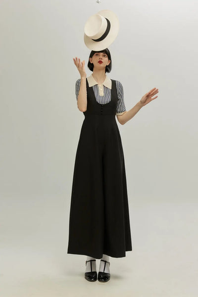 《枕の下に隠したラッキーチャーム》ハイウエストデザインバッククロスサロペット-Black