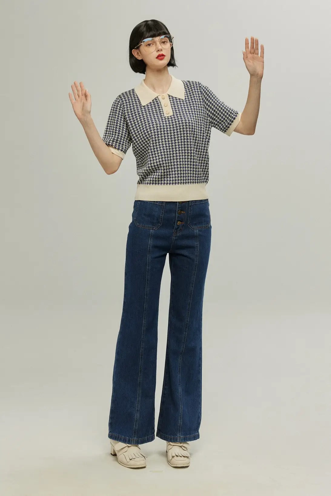 《Annie singing while taking a bath》 Front button high waist denim pants - Navy