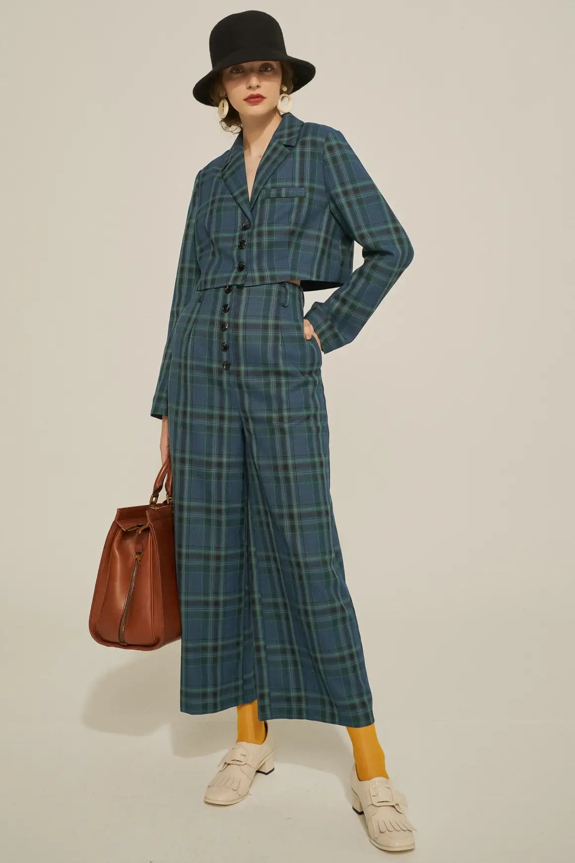 《Bumping into Paul on the street》 High waist wide check pants-Blue green