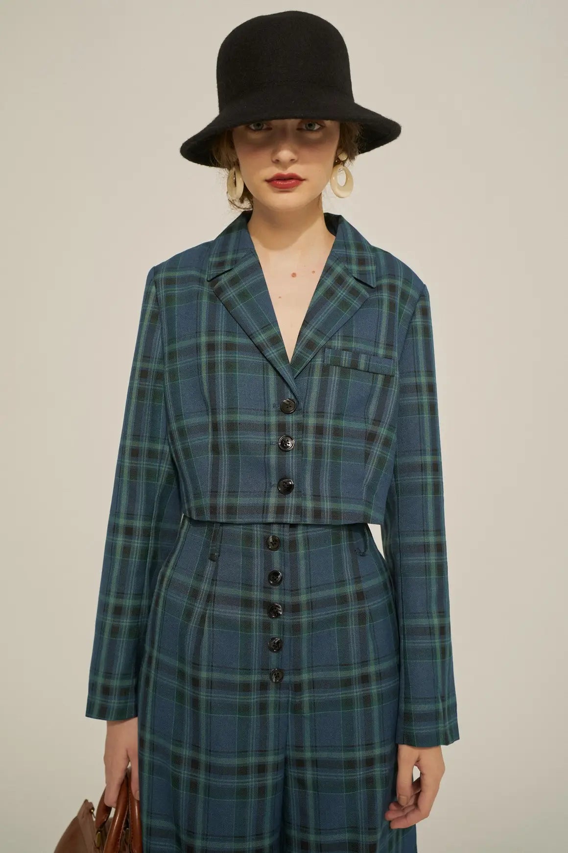 《Bumping into Paul on the street》 High waist wide check pants-Blue green