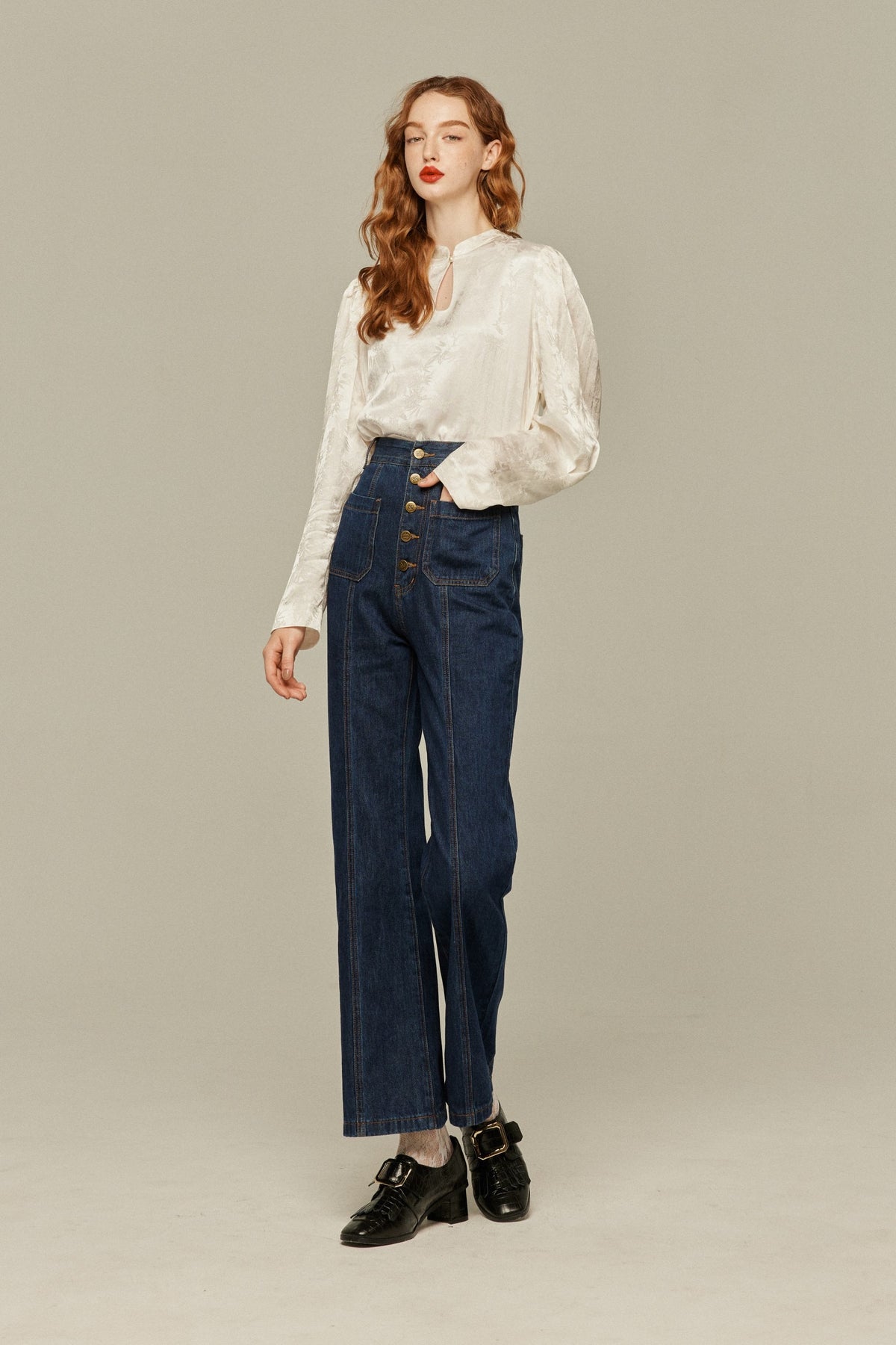 《Annie singing while taking a bath》 Front button high waist denim pants - Navy