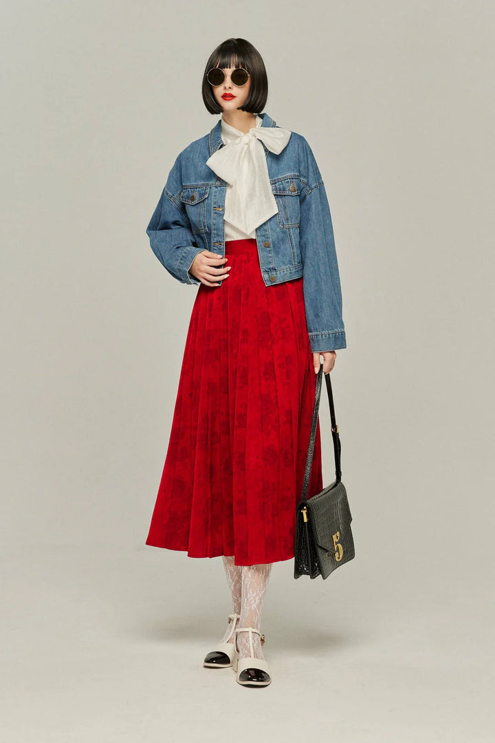 《ステージに花束を投げて》シノワズリハイウエストプリーツスカート-Red