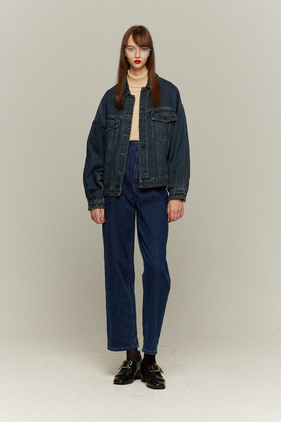 《隕石が落ちてくる》ハイウエストストレートデニムパンツ-Navy