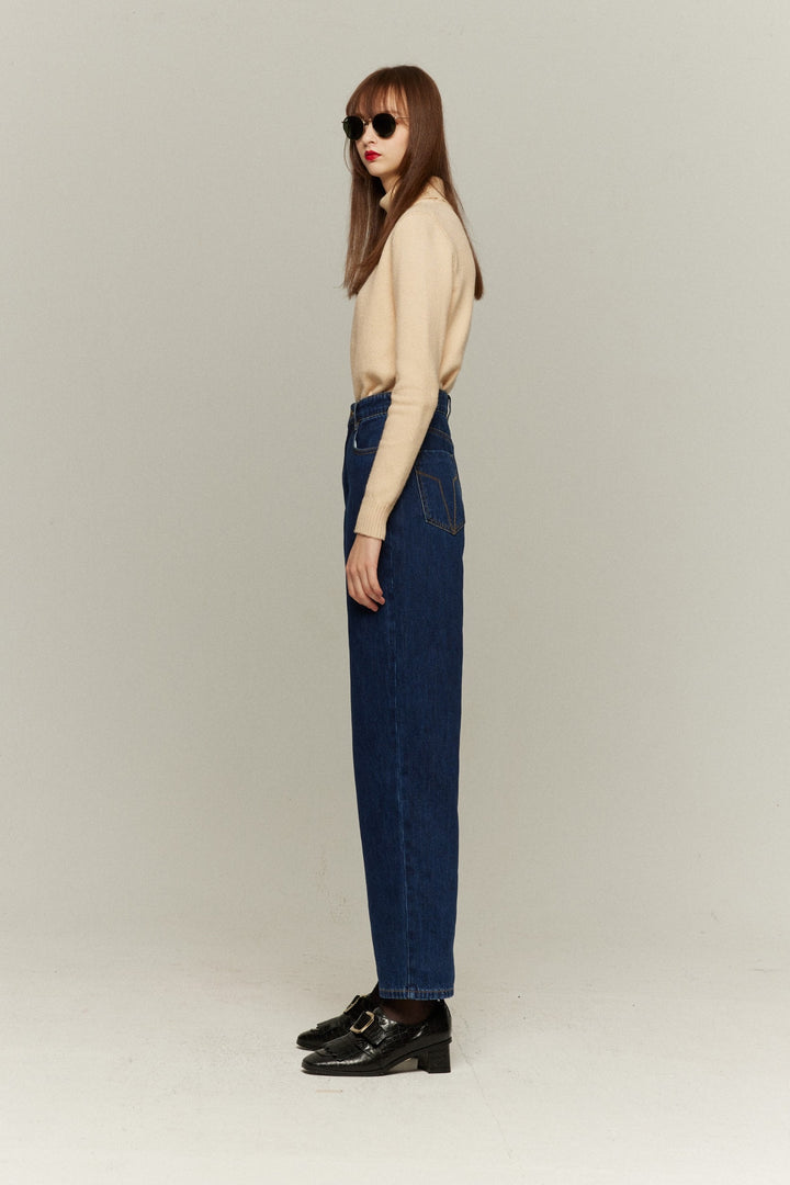 《隕石が落ちてくる》ハイウエストストレートデニムパンツ-Navy