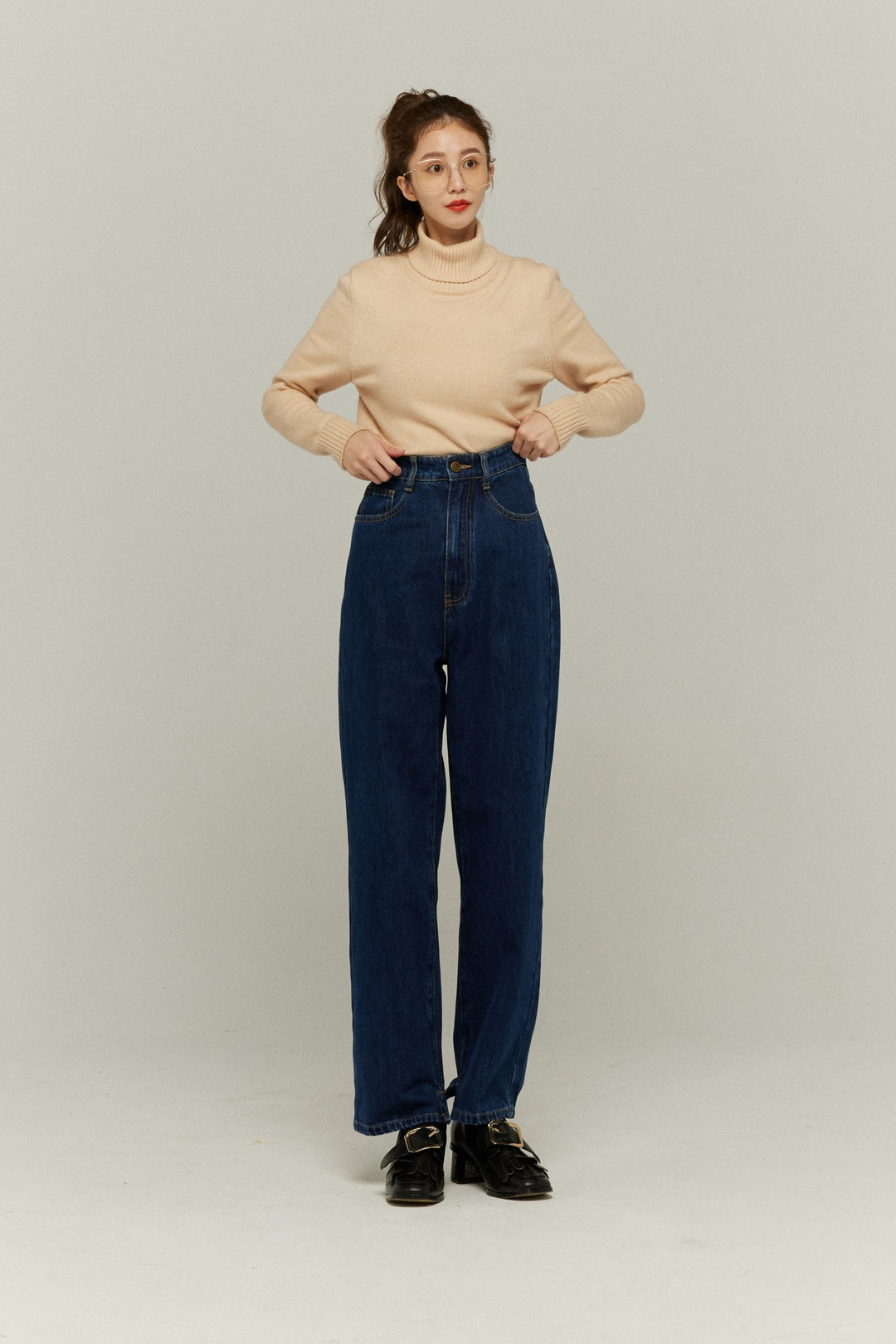 《隕石が落ちてくる》ハイウエストストレートデニムパンツ-Navy