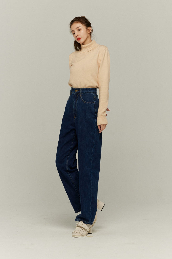《隕石が落ちてくる》ハイウエストストレートデニムパンツ-Navy