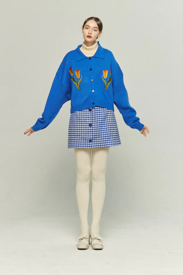 《ウィッグとサングラスをして》ギンガムチェックハイウエストスカート-Blue