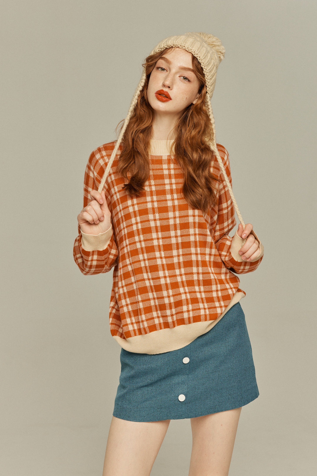 《いちごジャムがついちゃった》レトロチェックセーター-Orange red