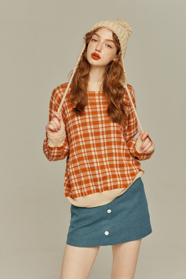 《いちごジャムがついちゃった》レトロチェックセーター-Orange red