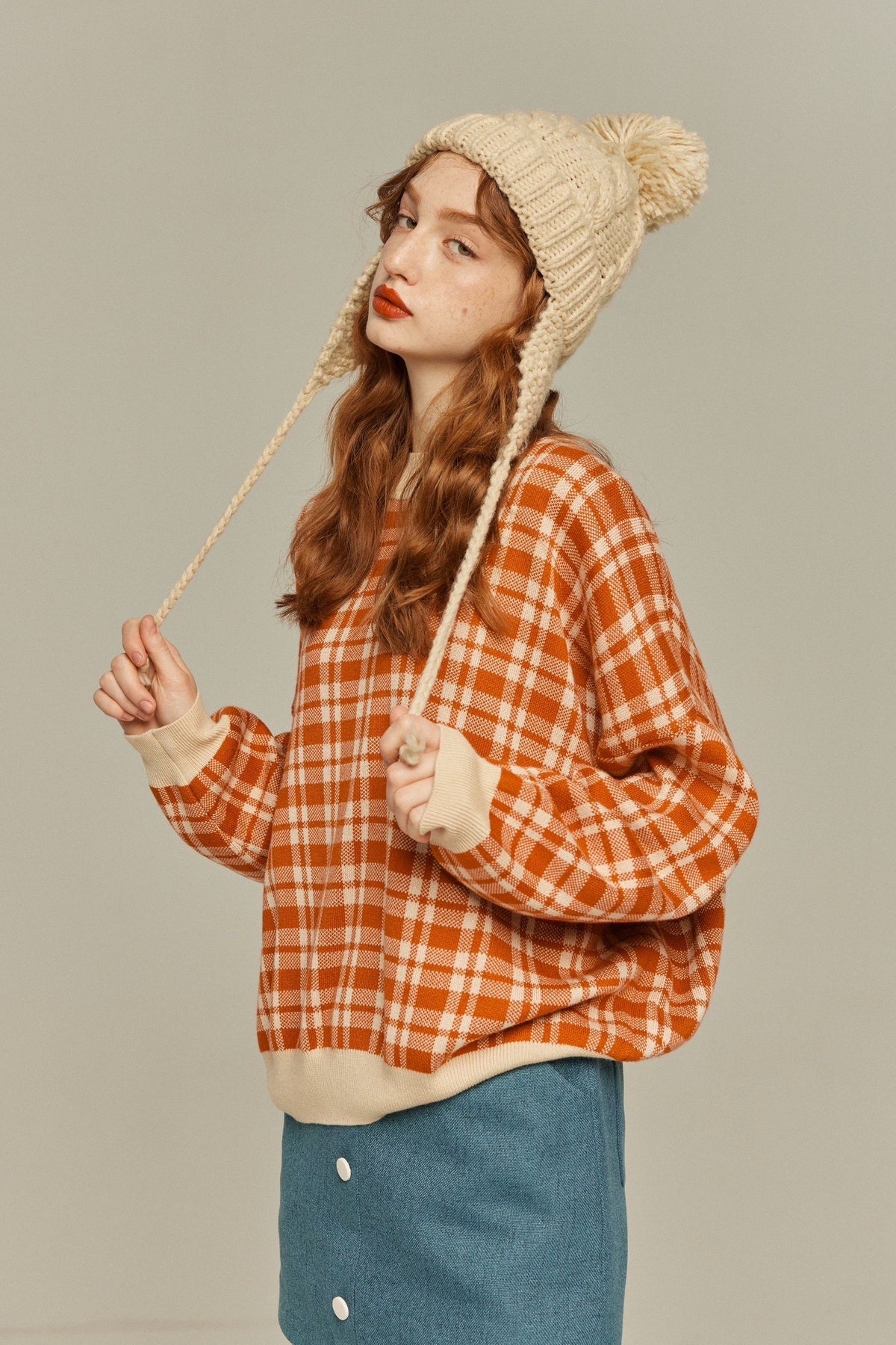《Strawberry jam attached》Retro check sweater-Orange red