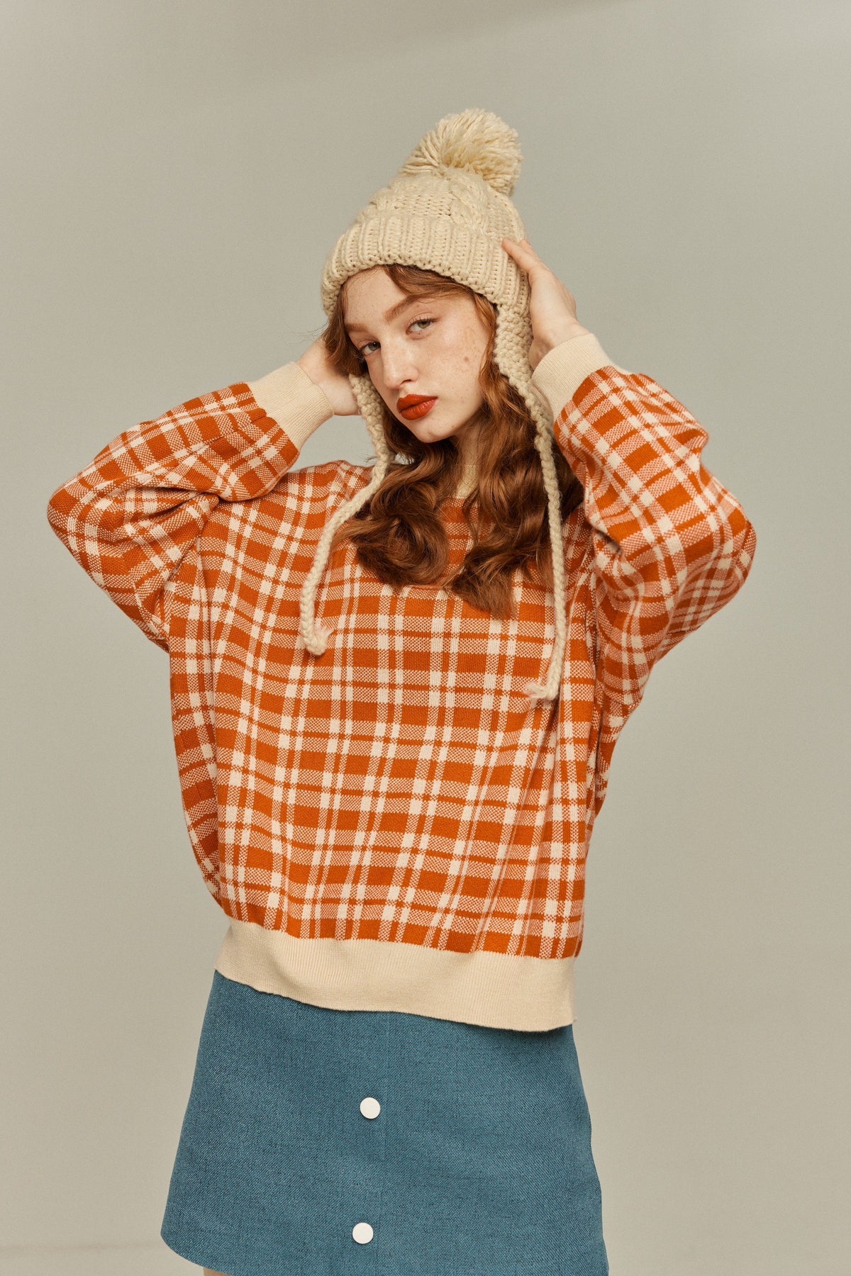 《Strawberry jam attached》Retro check sweater-Orange red