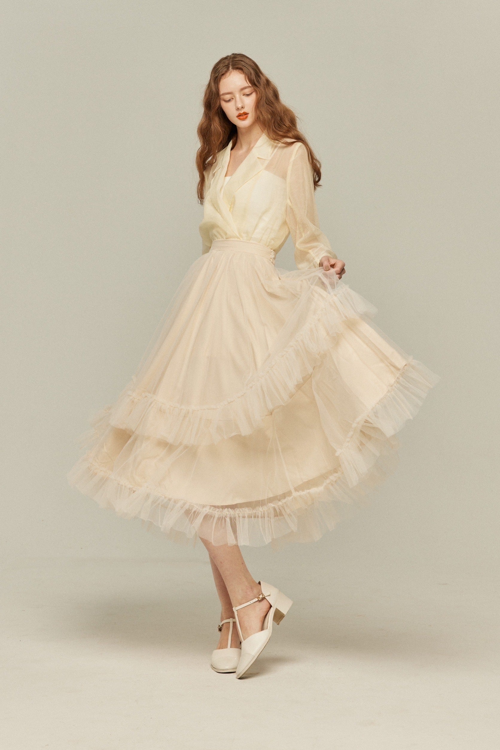 実は私300歳》チュールフリルハイウエストフレアスカート-Cream – Tnewties