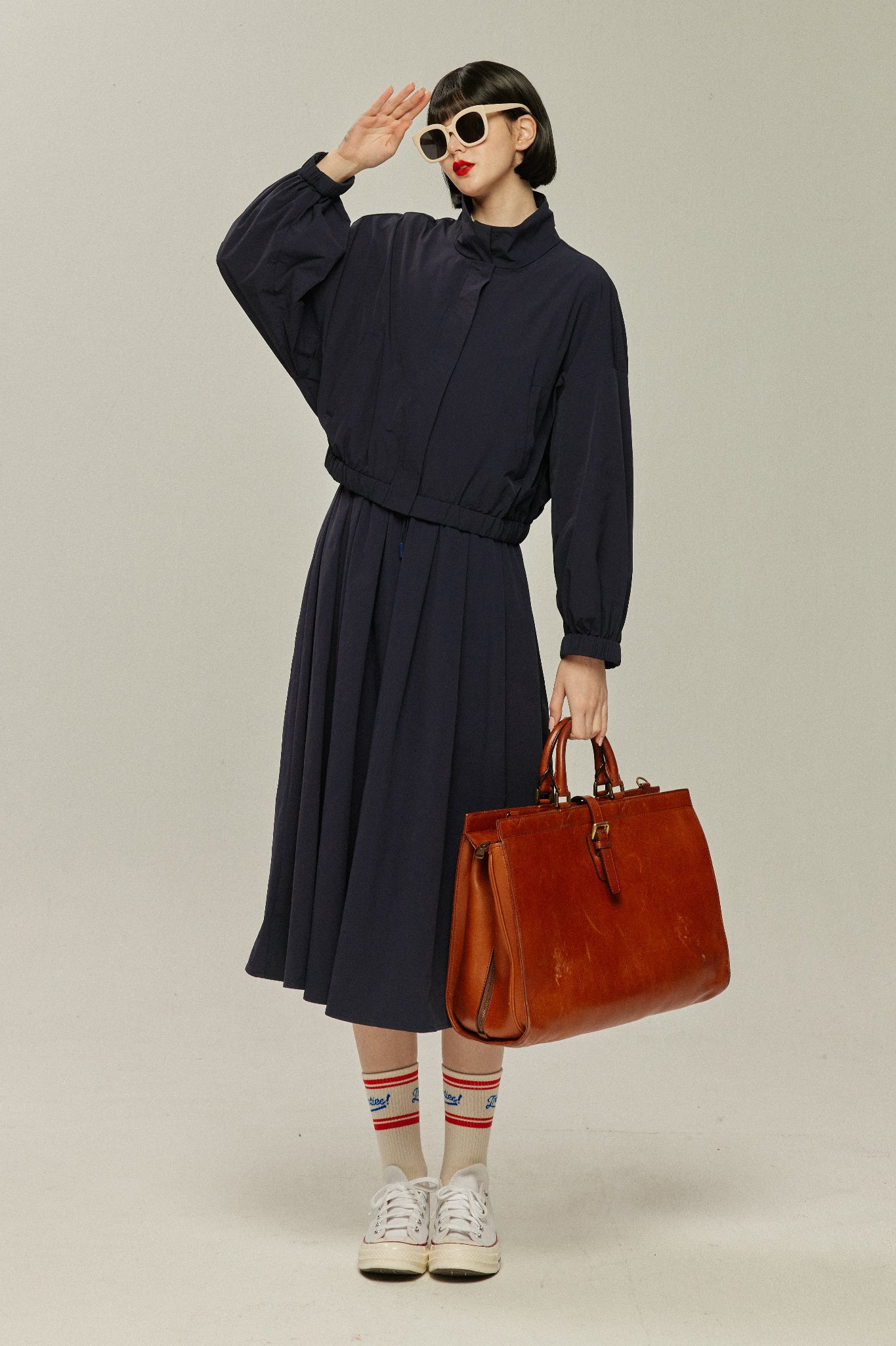 《底に沈んでいく果粒》ハイウエストドローストリングスカート-Navy