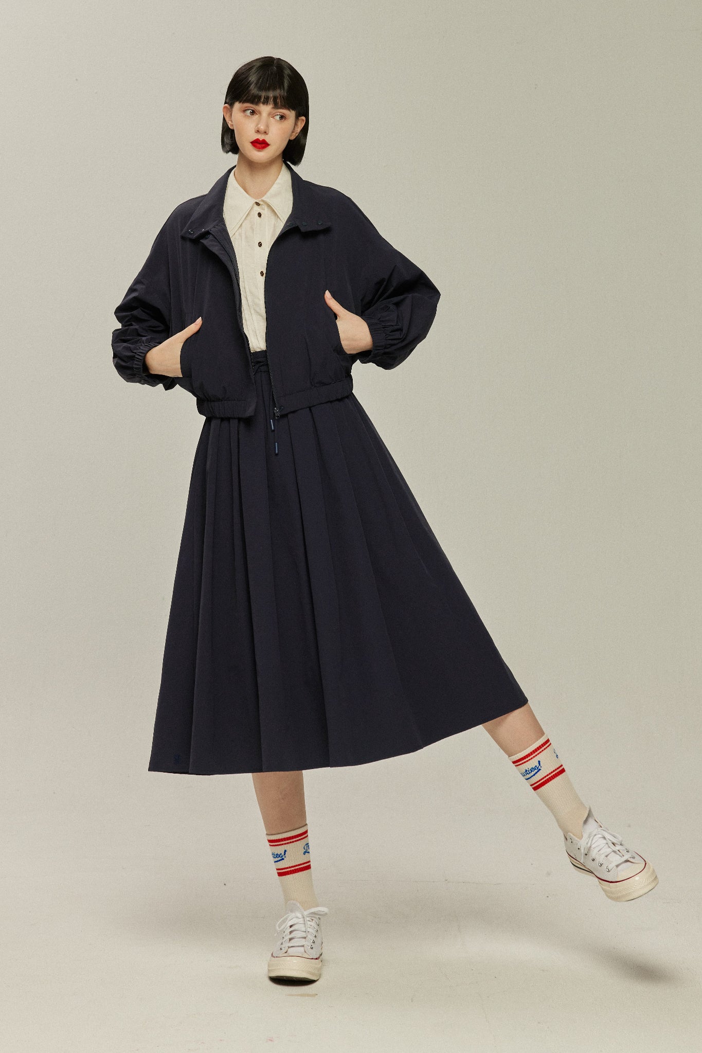 《底に沈んでいく果粒》ハイウエストドローストリングスカート-Navy