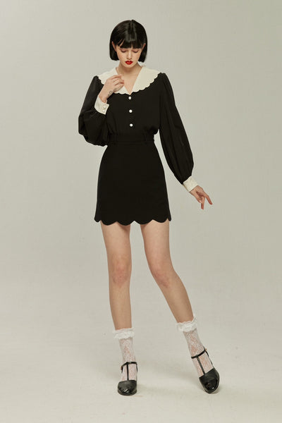 《おまけ付きのシリアル》スカラップデザインビッグカラーブラウス-Black