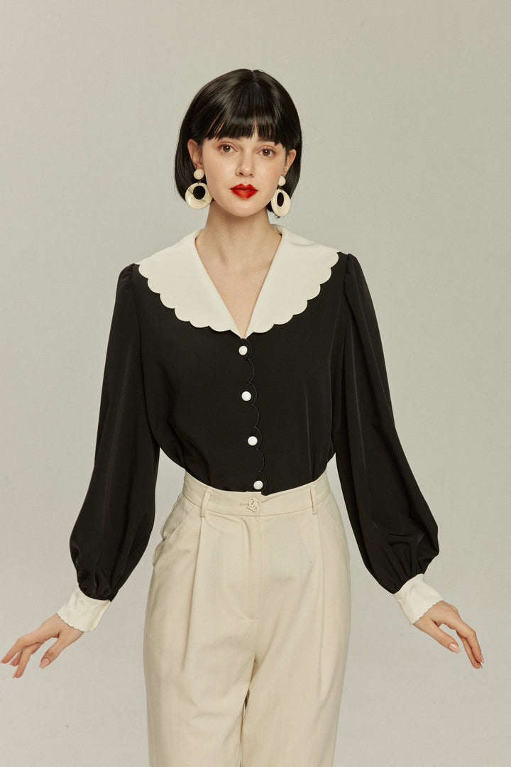《おまけ付きのシリアル》スカラップデザインビッグカラーブラウス-Black