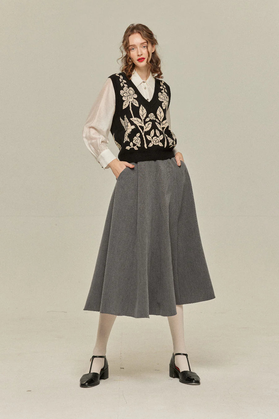 [Antique Auction] High Waist Flare Skirt-Gray