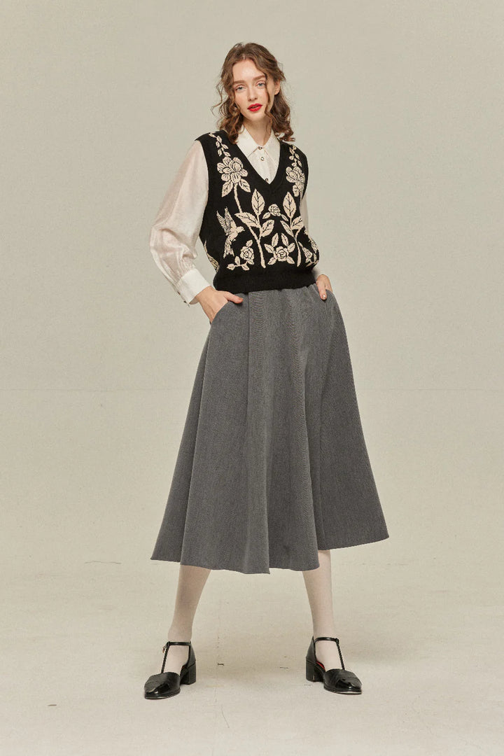 [Antique Auction] High Waist Flare Skirt-Gray