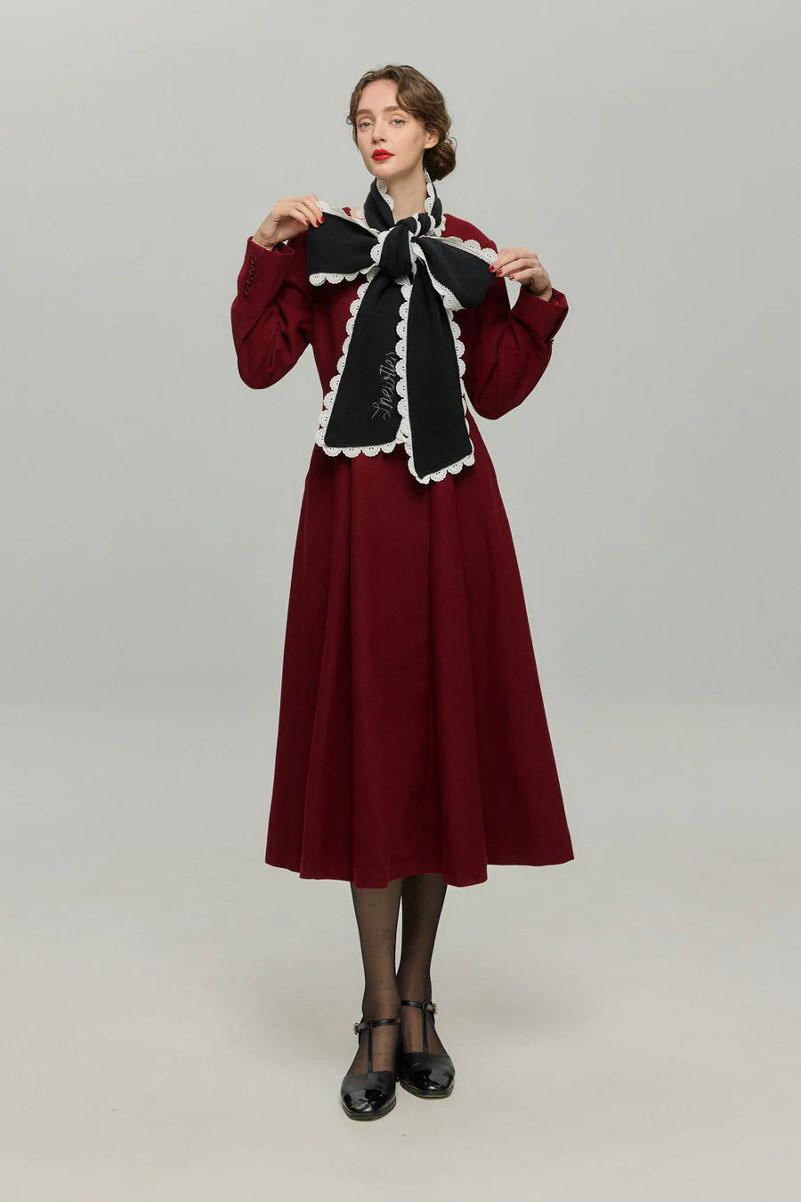 《いつもカウンターに座る彼女》ダブルブレストウールブレンドドレスコート-Wine red