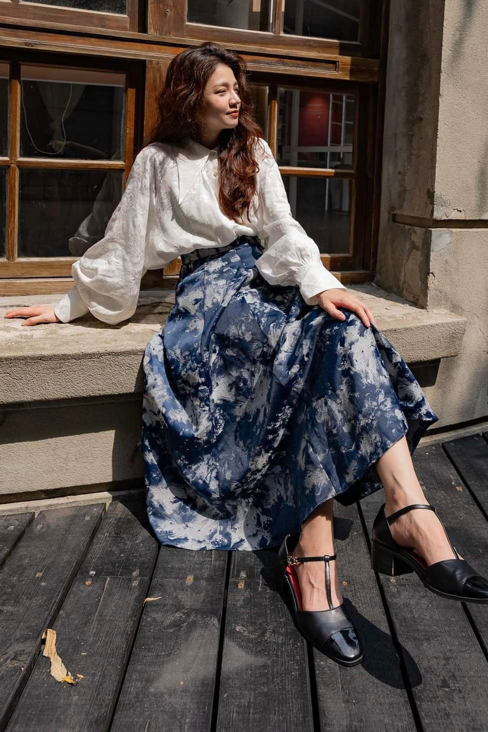 《まずは目隠しをしよう》シノワズリジャガードハイウエストスカート-Navy