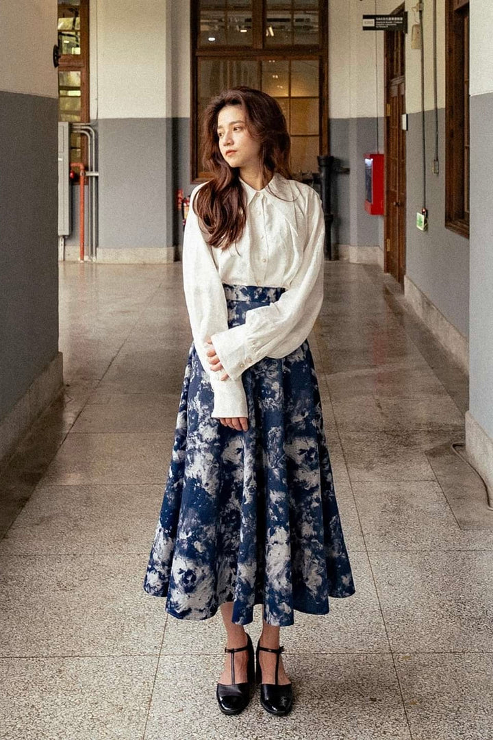 《まずは目隠しをしよう》シノワズリジャガードハイウエストスカート-Navy