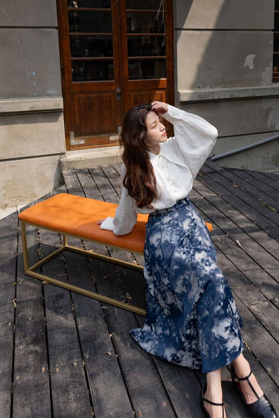 《まずは目隠しをしよう》シノワズリジャガードハイウエストスカート-Navy