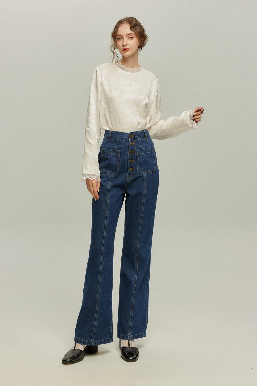 《Annie singing while taking a bath》 Front button high waist denim pants - Navy