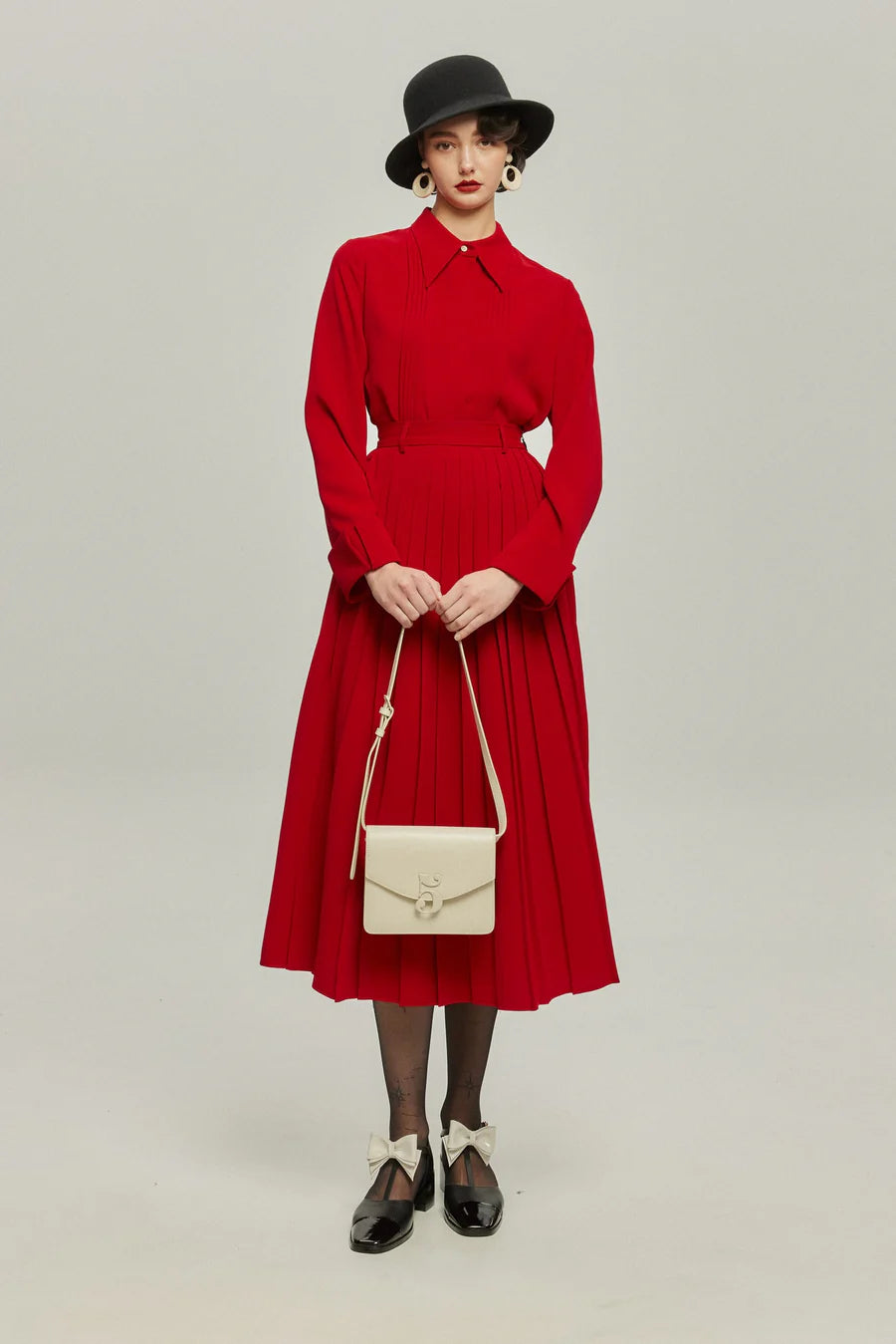 《フランス語は話せますか？》ハイウエストプリーツスカート-Red