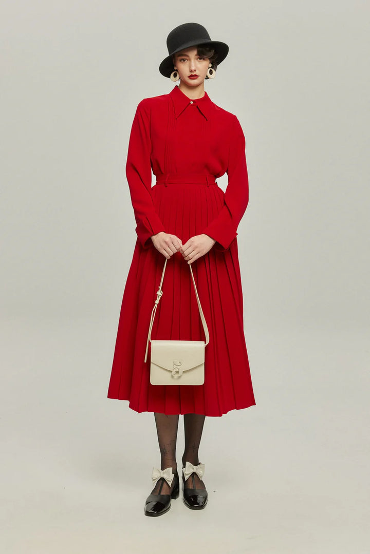 《フランス語は話せますか？》ハイウエストプリーツスカート-Red
