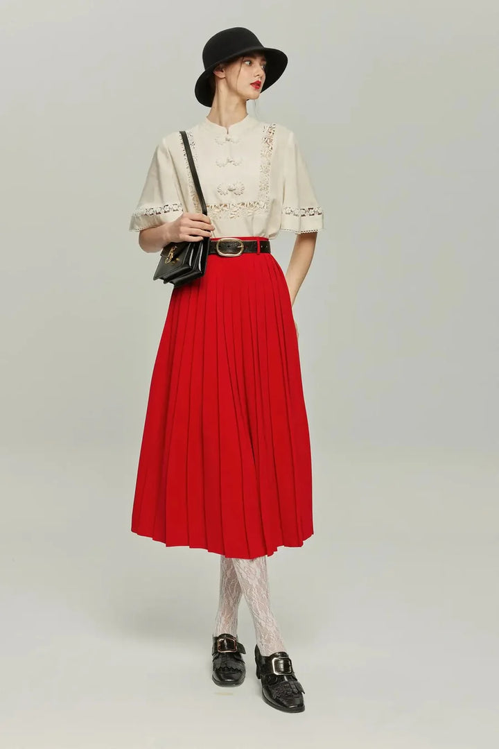 《フランス語は話せますか？》ハイウエストプリーツスカート-Red