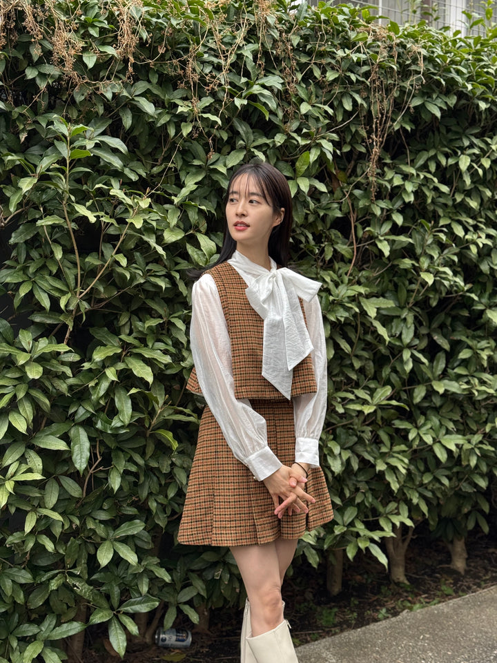 "Night Gardener" High Waist Check Pleated Skirt-Yellow