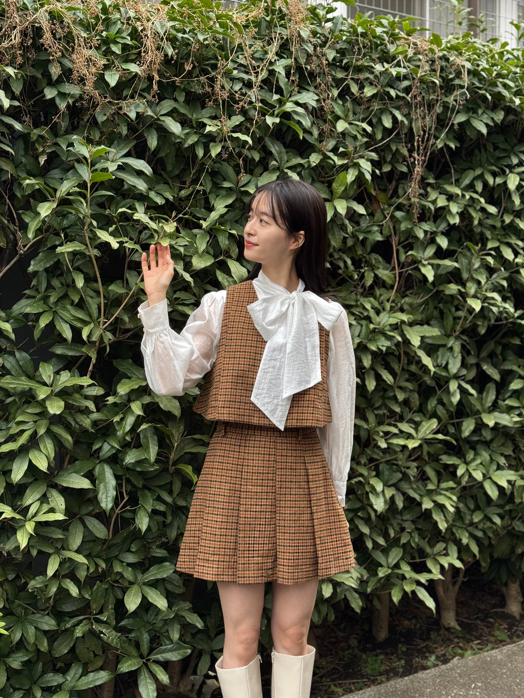 "Night Gardener" High Waist Check Pleated Skirt-Yellow