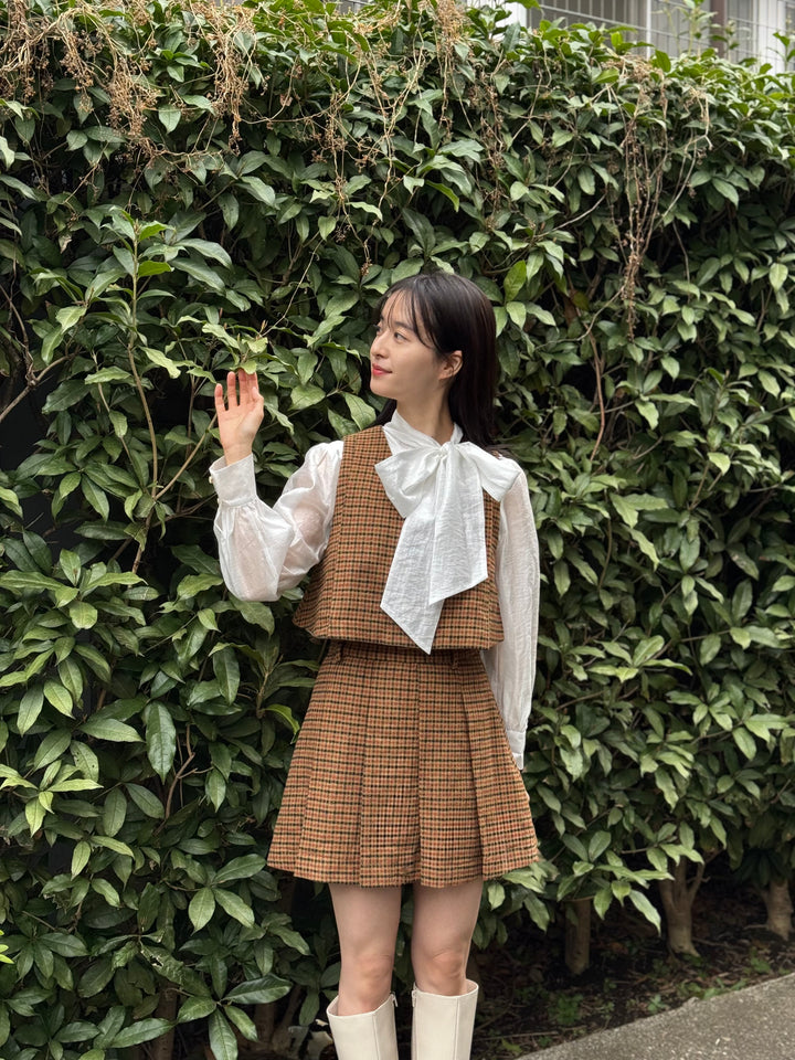 "Night Gardener" High Waist Check Pleated Skirt-Yellow