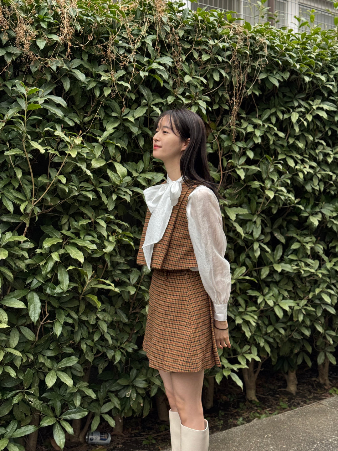 "Night Gardener" High Waist Check Pleated Skirt-Yellow
