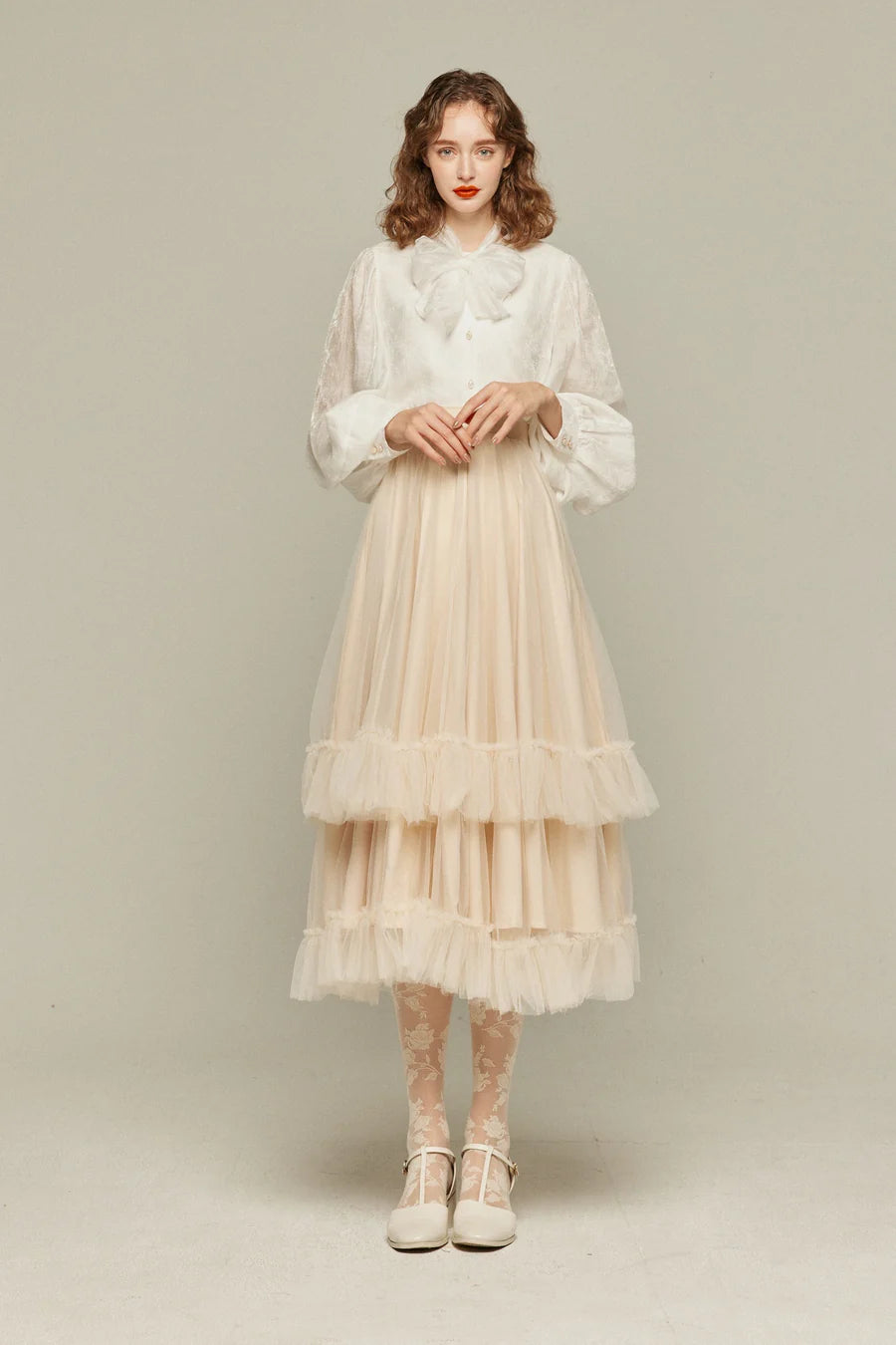 《Actually, I am 300 years old》 Tulle ruffle high waist flare skirt-Cream