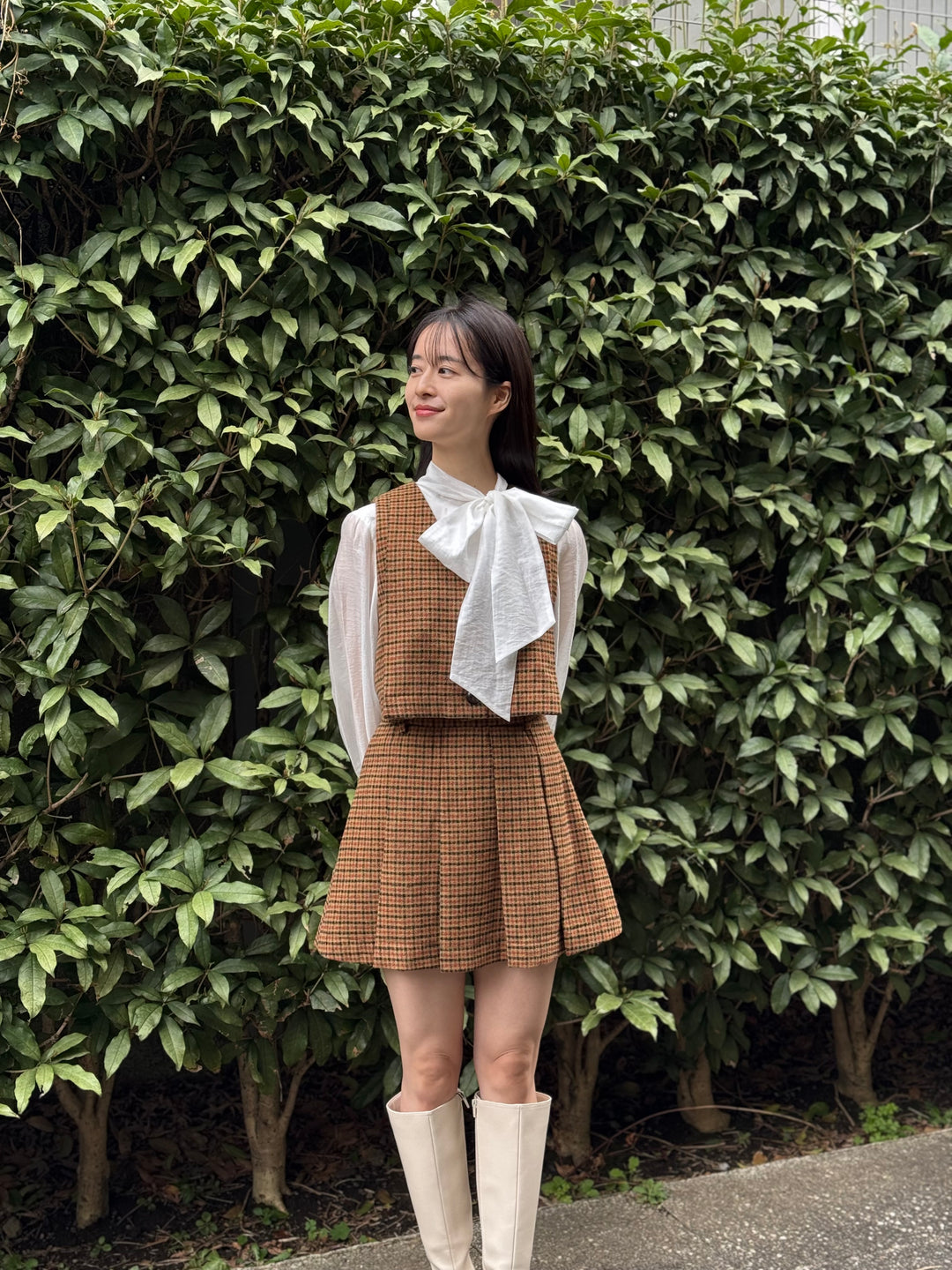 "Night Gardener" High Waist Check Pleated Skirt-Yellow