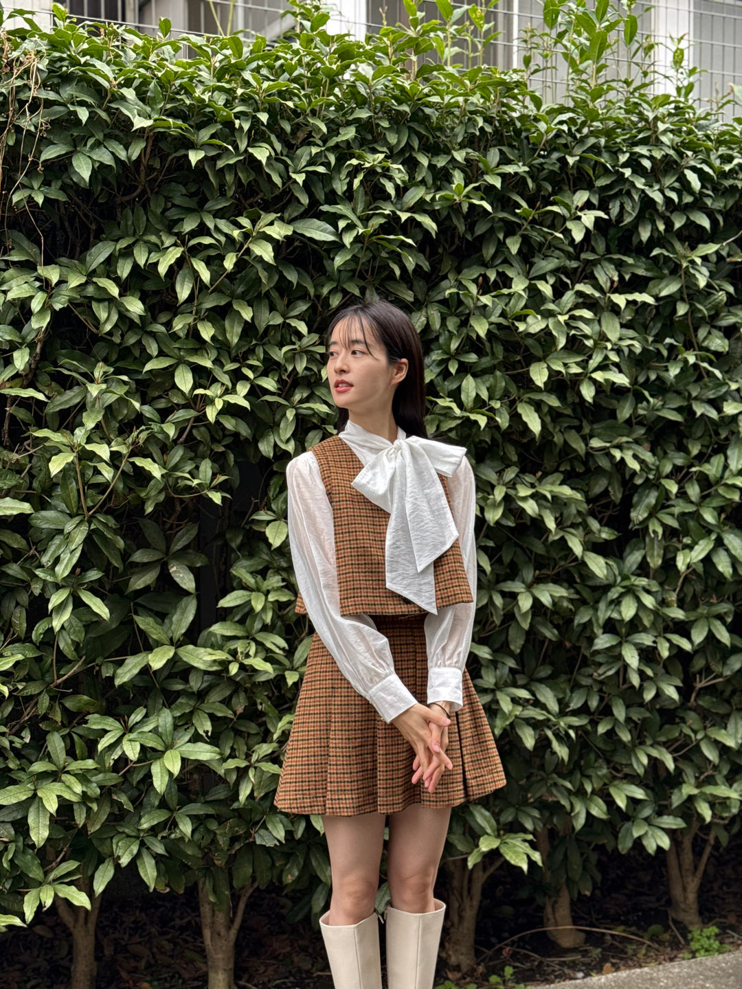 "Night Gardener" High Waist Check Pleated Skirt-Yellow