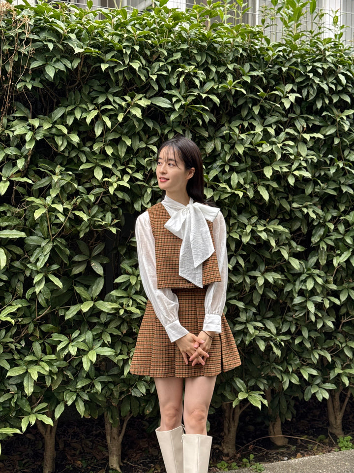 "Night Gardener" High Waist Check Pleated Skirt-Yellow