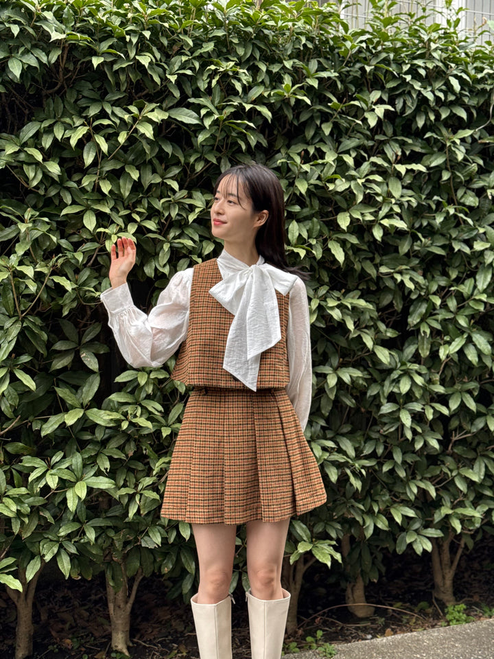 "Night Gardener" High Waist Check Pleated Skirt-Yellow