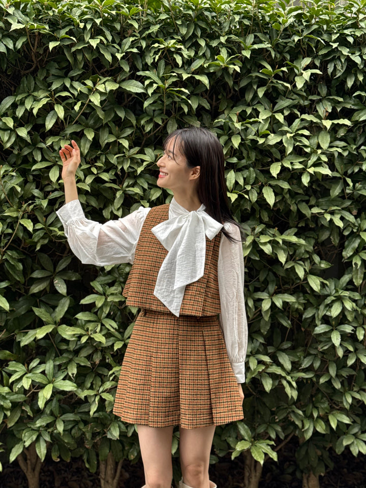 "Night Gardener" High Waist Check Pleated Skirt-Yellow