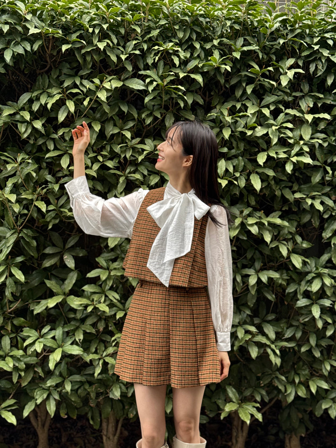 "Night Gardener" High Waist Check Pleated Skirt-Yellow